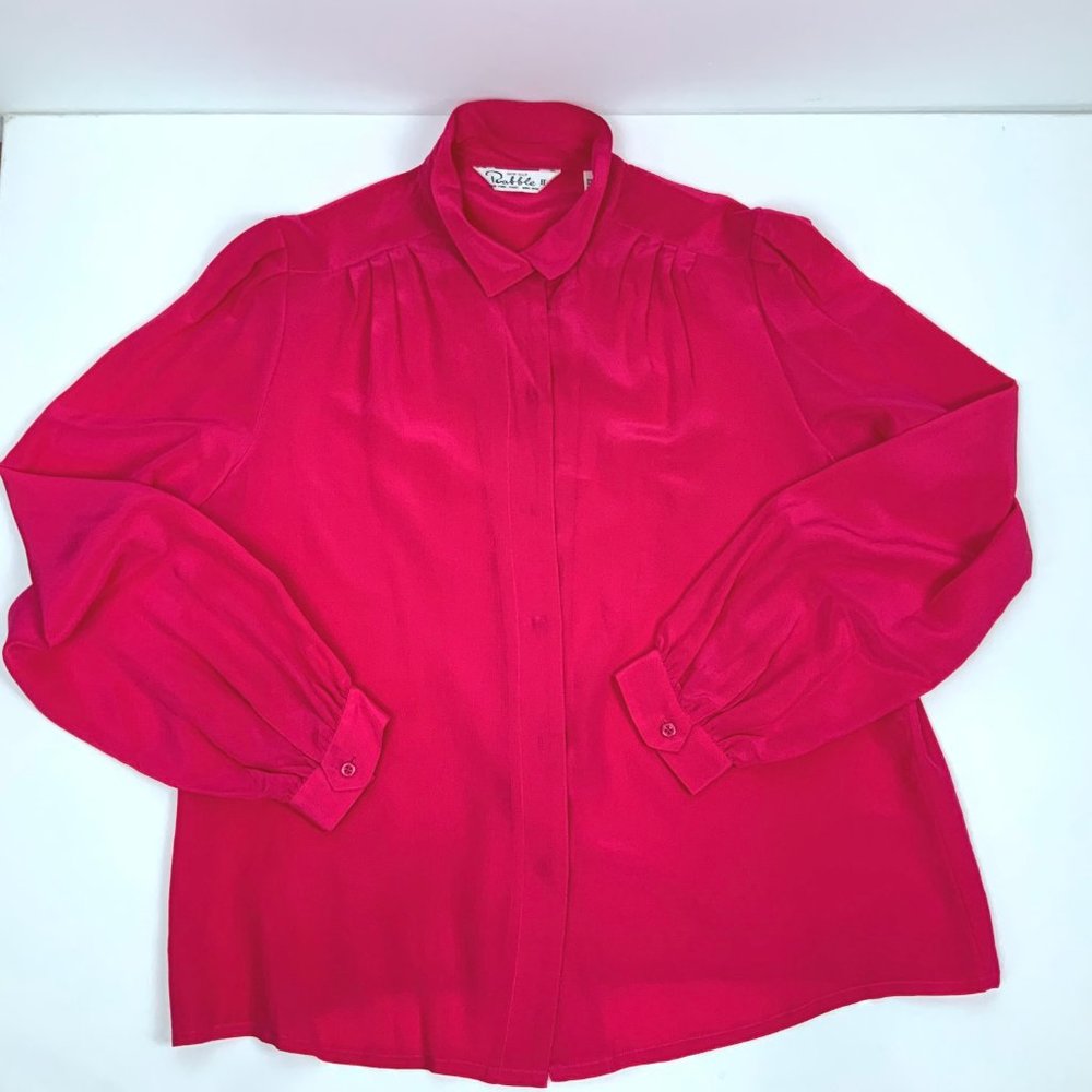 Rabble II 100% Silk Puff Long Sleeve Button Up Blouse Fuchsia/Hot Pink Medium - Picture 7 of 16